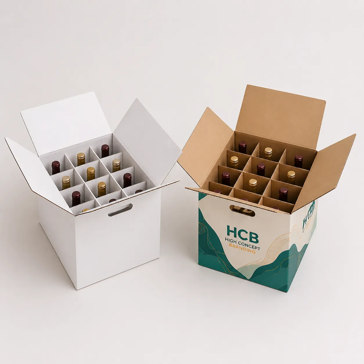 Heavy-duty corrugated wine shipping boxes featuring protective cardboard dividers for safely transporting multiple glass bottles. class=
